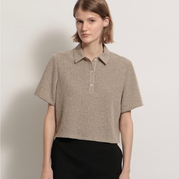 Theory Taupe Cropped Tweed Texture Polo - Picture 1 of 8